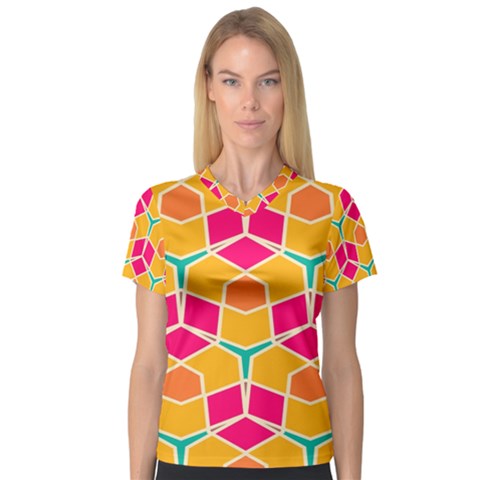 Shapes In Retro Colors Pattern Women s V-neck Sport Mesh Tee by LalyLauraFLM