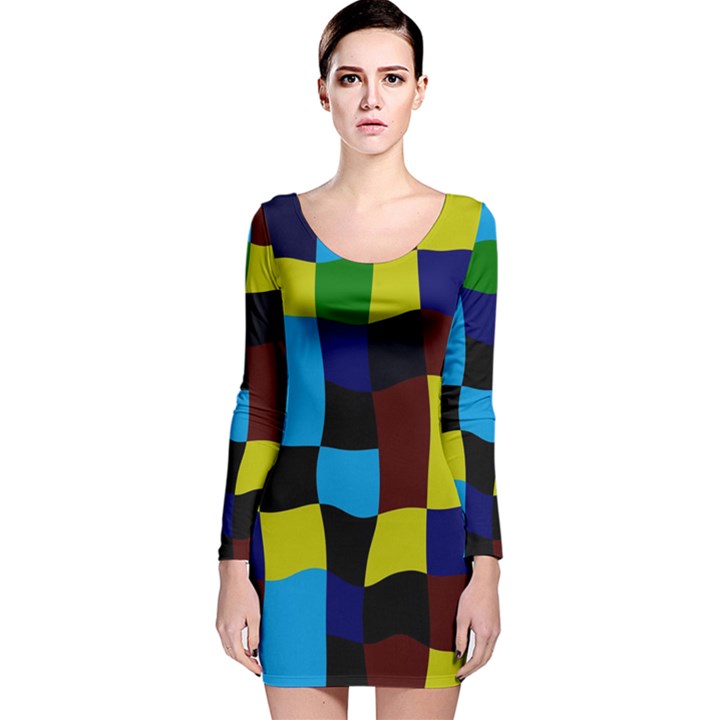 Distorted squares in retro colors Long Sleeve Velvet Bodycon Dress