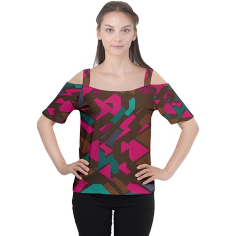 Brown Pink Blue Shapes Women s Cutout Shoulder Tee by LalyLauraFLM