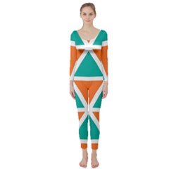 Orange Green Triangles Pattern  Long Sleeve Catsuit