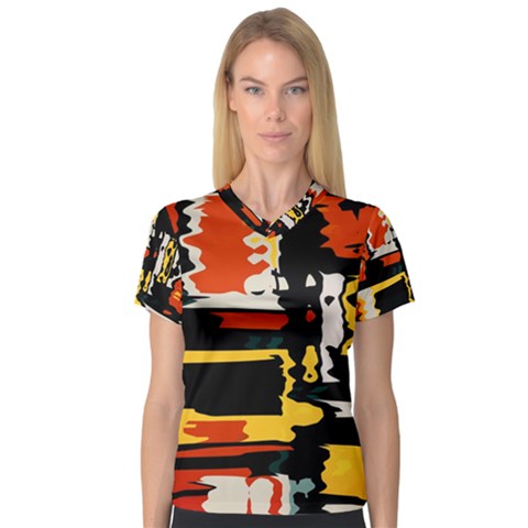 Distorted Shapes In Retro Colors Women s V-neck Sport Mesh Tee by LalyLauraFLM