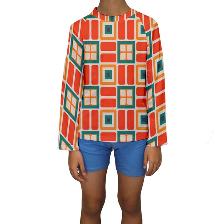 Squares and rectangles in retro colors  Kid s Long Sleeve Swimwear