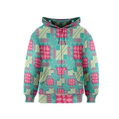 Pink Flowers In Squares Pattern Kids Zipper Hoodie by LalyLauraFLM