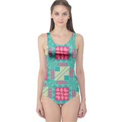 Pink Flowers In Squares Pattern Women s One Piece Swimsuit by LalyLauraFLM