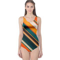 Diagonal Stripes In Retro Colors Women s One Piece Swimsuit by LalyLauraFLM