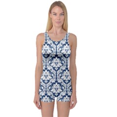 Navy Blue Damask Pattern One Piece Boyleg Swimsuit by Zandiepants