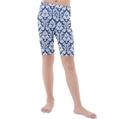 White On Blue Damask Kid s Mid Length Swim Shorts by Zandiepants