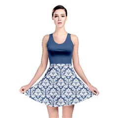 Navy Blue Damask Pattern Reversible Skater Dress by Zandiepants