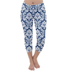 Navy Blue Damask Pattern Capri Winter Leggings  by Zandiepants