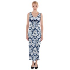 Navy Blue Damask Pattern Fitted Maxi Dress