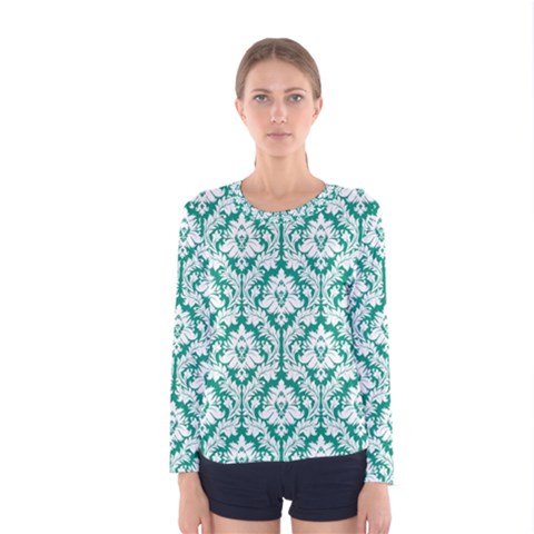 Emerald Green Damask Pattern Women s Long Sleeve Tee by Zandiepants