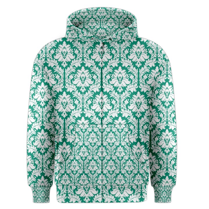 White On Emerald Green Damask Men s Zipper Hoodie