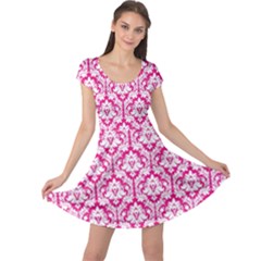 Hot Pink Damask Pattern Cap Sleeve Dress by Zandiepants