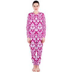 White On Hot Pink Damask Onepiece Jumpsuit (ladies)  by Zandiepants