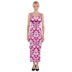 Hot Pink Damask Pattern Fitted Maxi Dress by Zandiepants