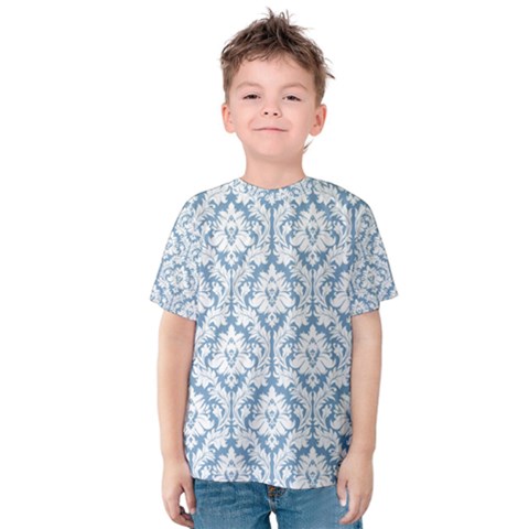 White On Light Blue Damask Kid s Cotton Tee by Zandiepants