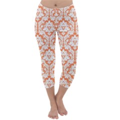 Nectarine Orange Damask Pattern Capri Winter Leggings  by Zandiepants