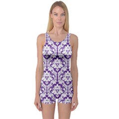 Royal Purple Damask Pattern One Piece Boyleg Swimsuit by Zandiepants