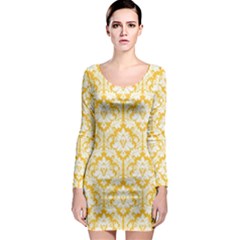 Sunny Yellow Damask Pattern Long Sleeve Bodycon Dress by Zandiepants