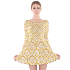 Sunny Yellow Damask Pattern Long Sleeve Velvet Skater Dress by Zandiepants