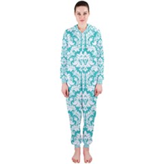 White On Turquoise Damask Hooded Jumpsuit (ladies)  by Zandiepants