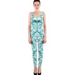 White On Turquoise Damask Onepiece Catsuit by Zandiepants