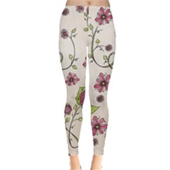 Pink Whimsical Flowers On Beige Leggings  by Zandiepants