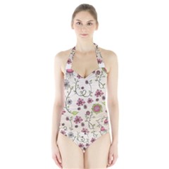 Pink Whimsical Flowers On Beige Women s Halter One Piece Swimsuit by Zandiepants