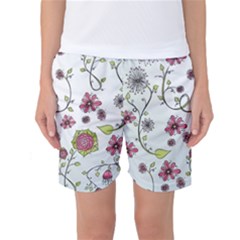 Pink Whimsical Flowers On Blue Women s Basketball Shorts by Zandiepants