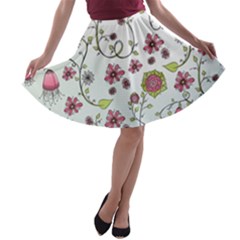 Pink Whimsical Flowers On Blue A-line Skater Skirt by Zandiepants