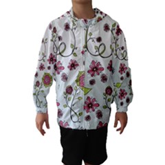 Pink Whimsical Flowers On Blue Hooded Wind Breaker (kids) by Zandiepants