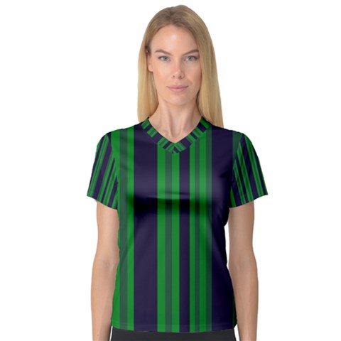 Dark Blue Green Striped Pattern Women s V-neck Sport Mesh Tee by BrightVibesDesign