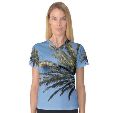 Tropical Palm Tree  Women s V-neck Sport Mesh Tee by BrightVibesDesign