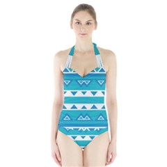 Blue Triangles And Stripes  Women s Halter One Piece Swimsuit by LalyLauraFLM