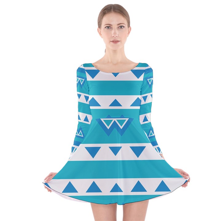 Blue triangles and stripes  Long Sleeve Velvet Skater Dress