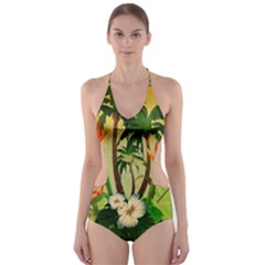 Tropical Design With Flowers And Palm Trees Cut-out One Piece Swimsuit by FantasyWorld7