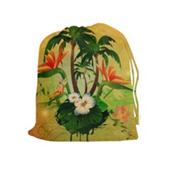 Tropical Design With Flowers And Palm Trees Drawstring Pouches (extra Large) by FantasyWorld7