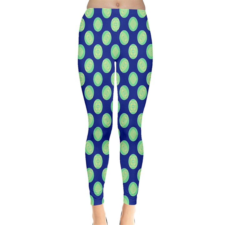 Mod Retro Green Circles On Blue Leggings 