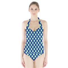 Mod Retro Green Circles On Blue Women s Halter One Piece Swimsuit by BrightVibesDesign