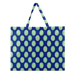 Mod Retro Green Circles On Blue Zipper Large Tote Bag by BrightVibesDesign