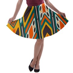 Distorted Shapes In Retro Colors   A-line Skater Skirt by LalyLauraFLM