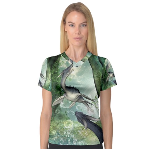 Awesome Seadraon In A Fantasy World With Bubbles Women s V-neck Sport Mesh Tee by FantasyWorld7