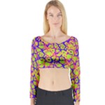 Officially Sexy Olive Green Pink Yellow & Purple Cracked Pattern Long Sleeve Crop Top (Tight Fit)