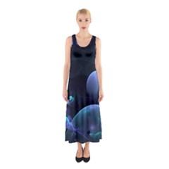 The Music Of My Goddess, Abstract Cyan Mystery Planet Full Print Maxi Dress by DianeClancy