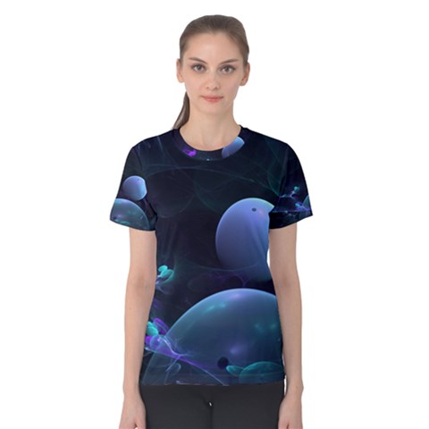 The Music Of My Goddess, Abstract Cyan Mystery Planet Women s Cotton Tee by DianeClancy