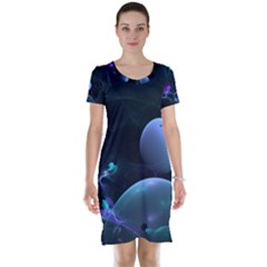 The Music Of My Goddess, Abstract Cyan Mystery Planet Short Sleeve Nightdress by DianeClancy
