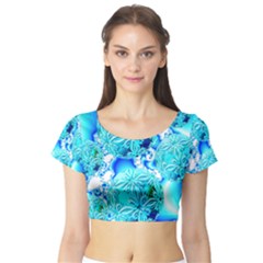 Blue Ice Crystals, Abstract Aqua Azure Cyan Short Sleeve Crop Top (tight Fit) by DianeClancy