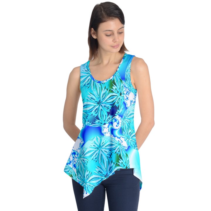 Blue Ice Crystals, Abstract Aqua Azure Cyan Sleeveless Tunic