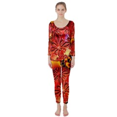  Flame Delights, Abstract Red Orange Long Sleeve Catsuit by DianeClancy