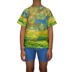 Golden Days, Abstract Yellow Azure Tranquility Kid s Short Sleeve Swimwear by DianeClancy